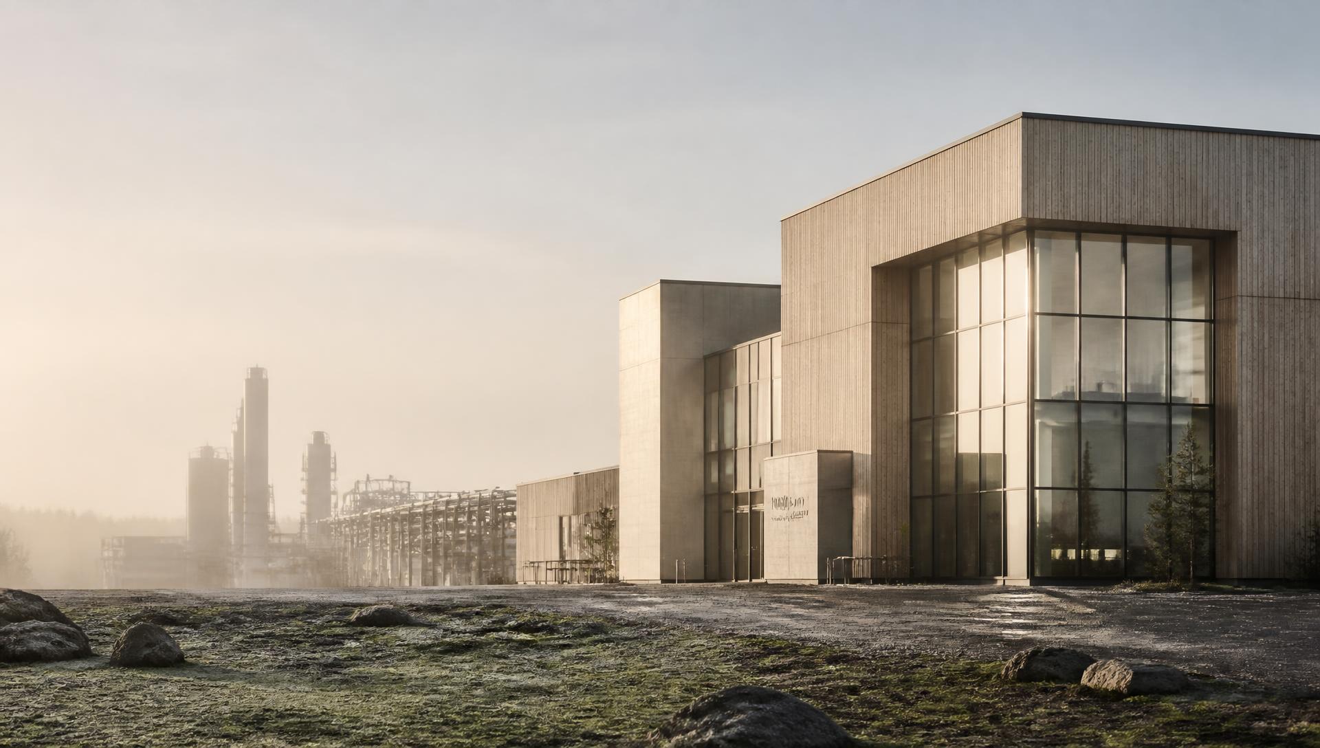 Modern Nordic industrial facility in soft morning light