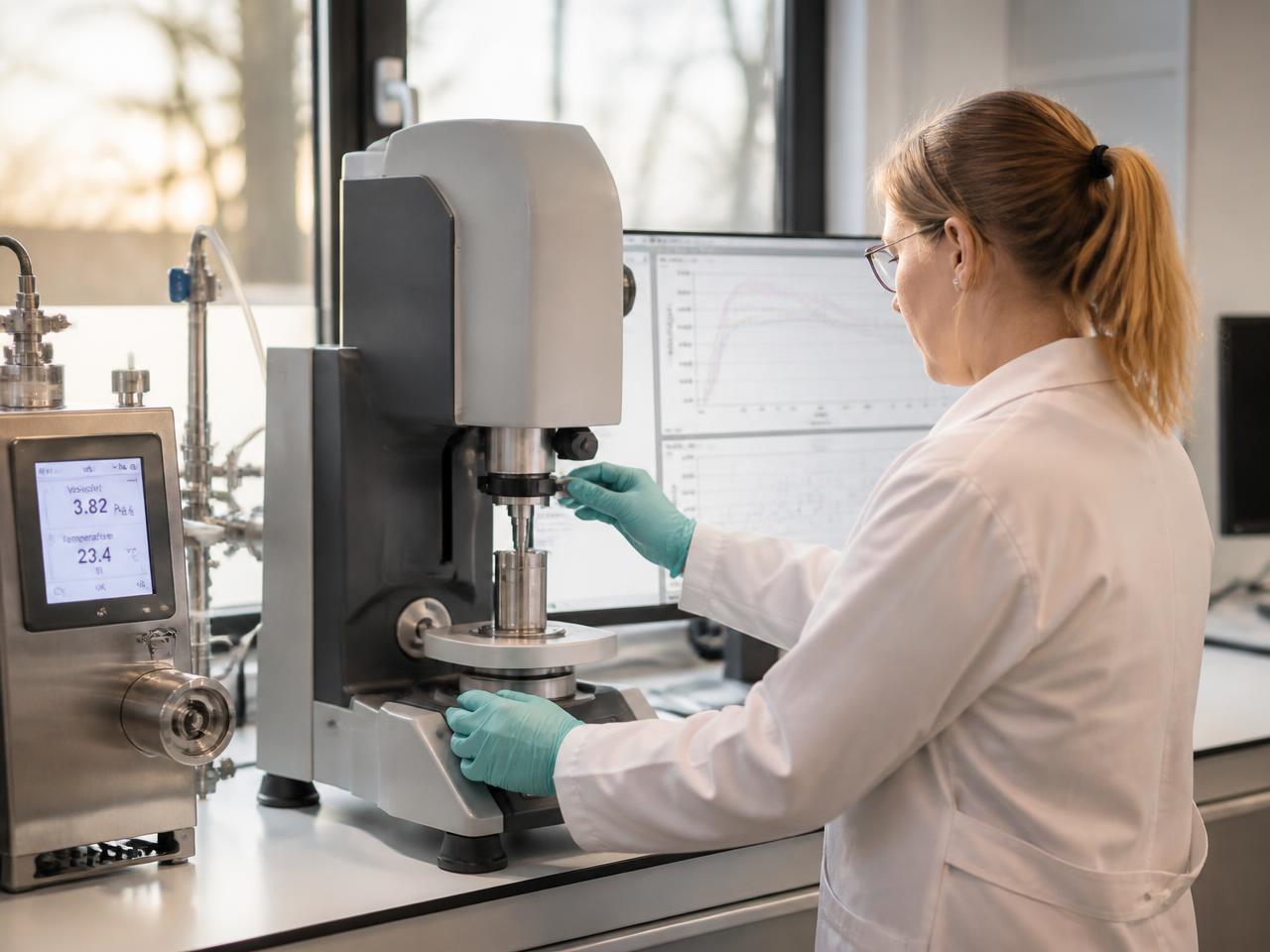 Process engineer measuring battery electrode slurry rheology with a laboratory rheometer beside process analytics screens